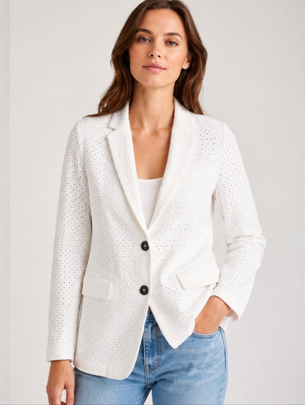 LAVIA 18 Women's White Cotton Eyelet Blazer – Lightweight Single Breasted Jacket